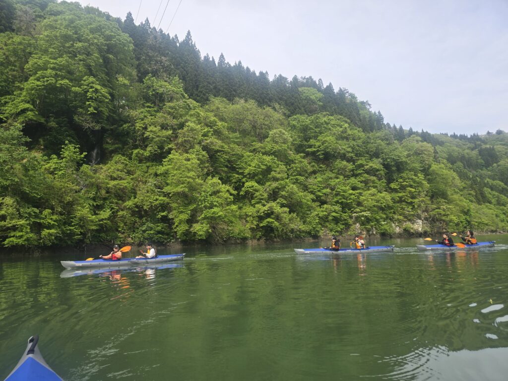 新緑の只見川を進むカヤック