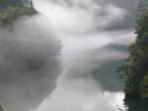 只見川の渓谷を包み込む幻想的な川霧