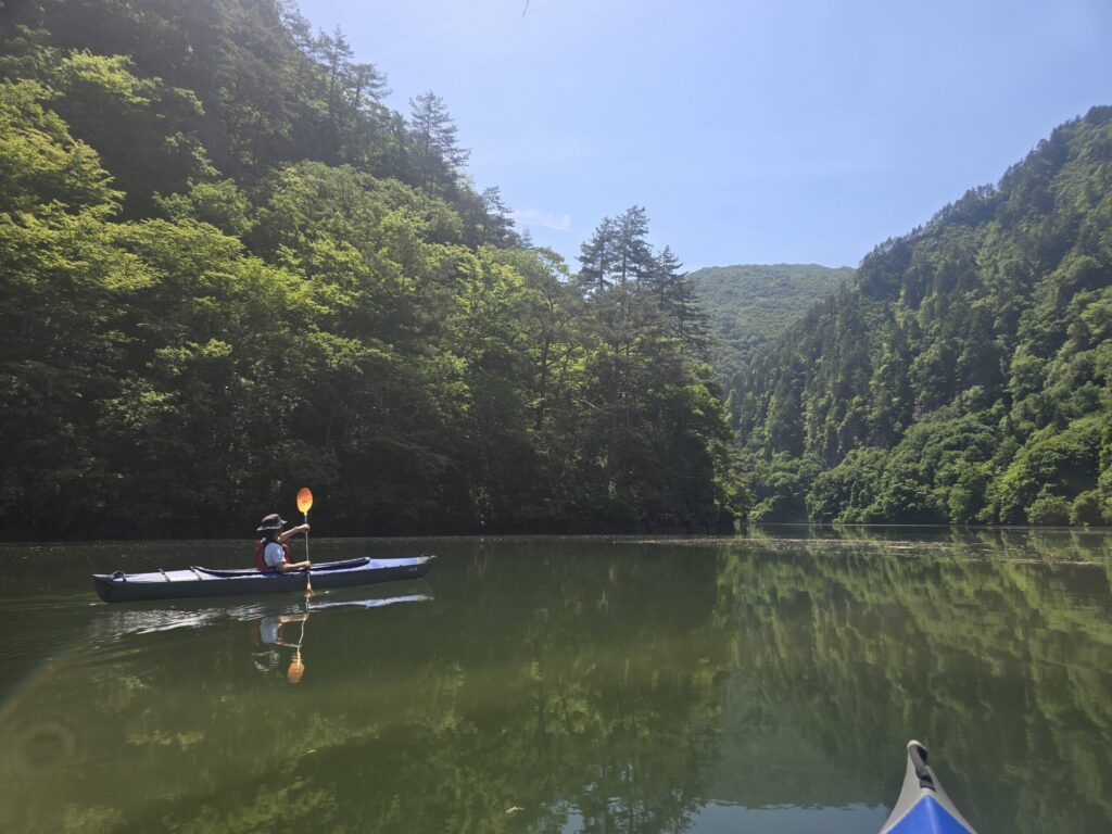 新緑の山あいを進むカヤック