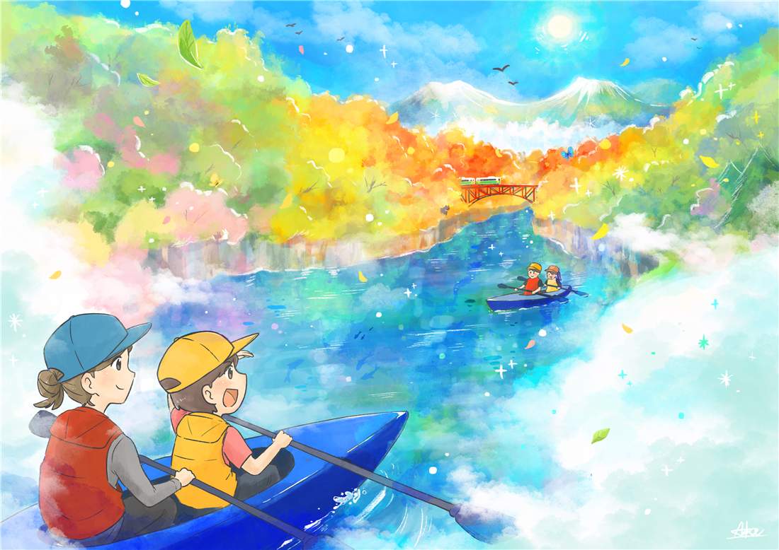 紅葉と川霧の只見川を、二人乗りカヤックで漕ぐ水彩イラスト。只見線が赤い鉄橋を渡る