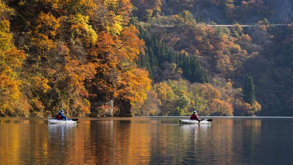 紅葉の壁と鏡のような水面。只見川を漕ぐ二艇のカヤック